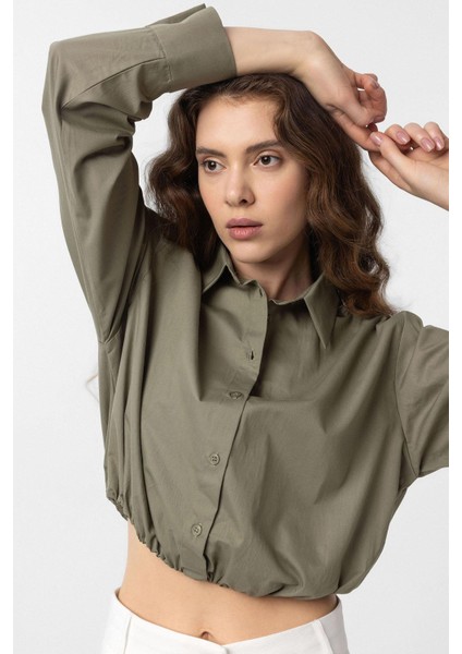 Haki Crop Poplin Kadın Gömlek modelleri