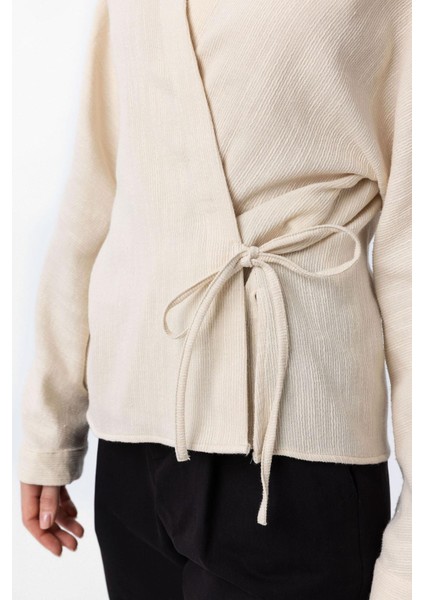 Ekru Bağlamalı Kimono Kadın Gömlek modelleri