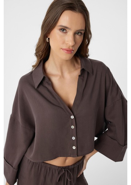 Kahve Crop Kadın Gömlek modelleri