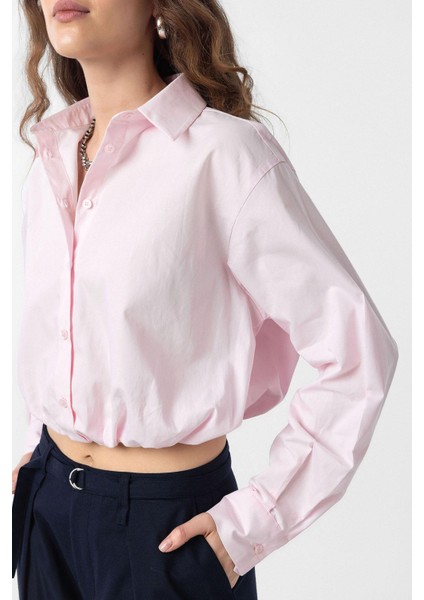 Pembe Crop Poplin Kadın Gömlek