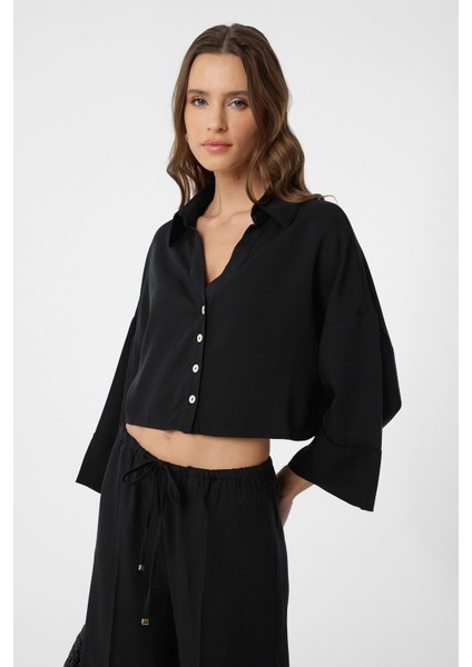 Siyah Crop Kadın Gömlek