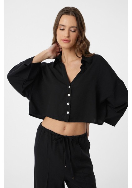 Siyah Crop Kadın Gömlek modelleri