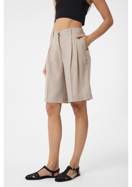 Bej Keten Karışımlı Kadın Bermuda