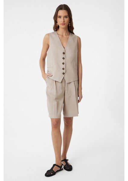 Bej Keten Karışımlı Kadın Bermuda fiyatları