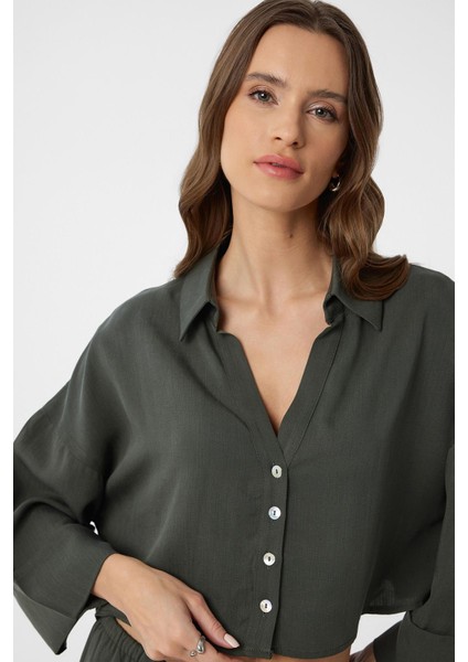Haki Crop Kadın Gömlek modelleri