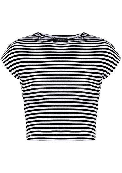 Siyah Crop Fit Çizgili Kadın T-Shirt indirimleri