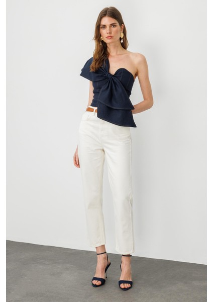 Ekru Yüksek Bel Straight Jean