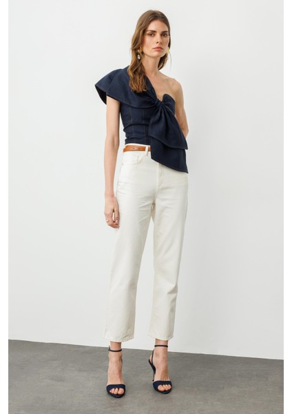 Ekru Yüksek Bel Straight Jean modelleri