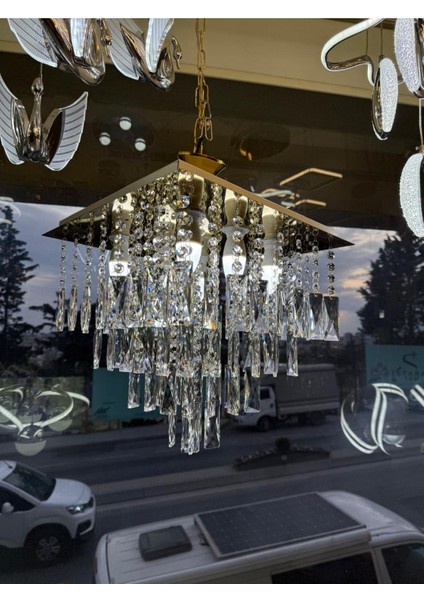 Öalpa Kristal 40’lık Paslanmaz Kare Salon Avize