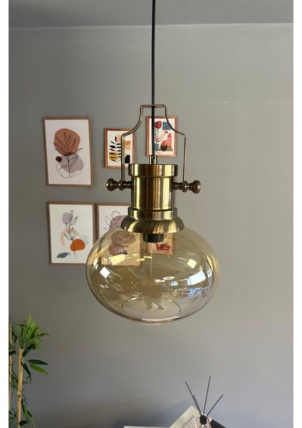 Solvia Cam Bal Rengi Tekli Avize Silindir Eskitme Başlık Retro Sarkıt Lamba Salon Aydınlatma