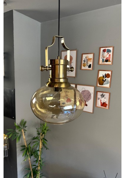 Solvia Cam Bal Rengi Tekli Avize Silindir Eskitme Başlık Retro Sarkıt Lamba Salon Aydınlatma