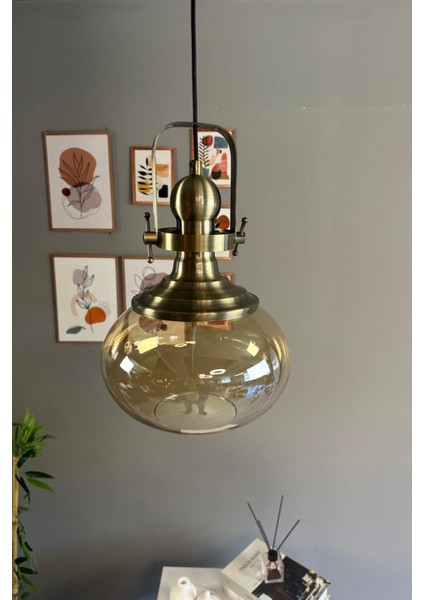 Solvia Cam Bal Rengi Tekli Avize Eskitme Başlık Retro Sarkıt Lamba Salon Aydınlatma