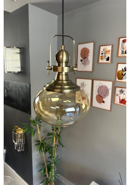 Solvia Cam Bal Rengi Tekli Avize Eskitme Başlık Retro Sarkıt Lamba Salon Aydınlatma