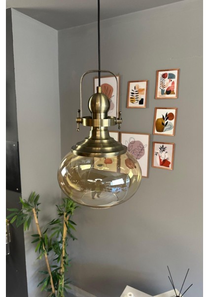 Solvia Cam Bal Rengi Tekli Avize Eskitme Başlık Retro Sarkıt Lamba Salon Aydınlatma