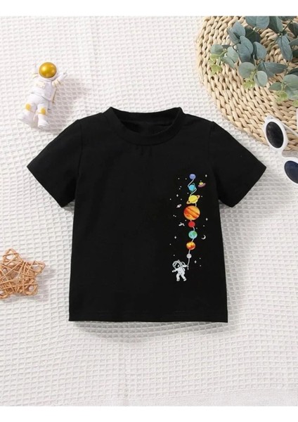 Astronot Balon Gezegen Baskılı Oversize Unisex T-Shirt