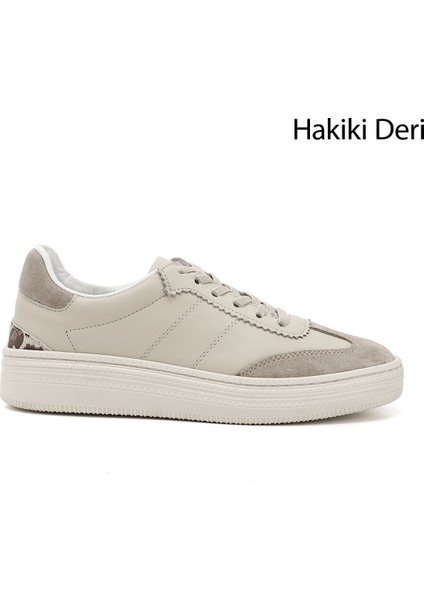 Kadın Bej Lastik Bağcıklı Hakiki Deri Sneaker
