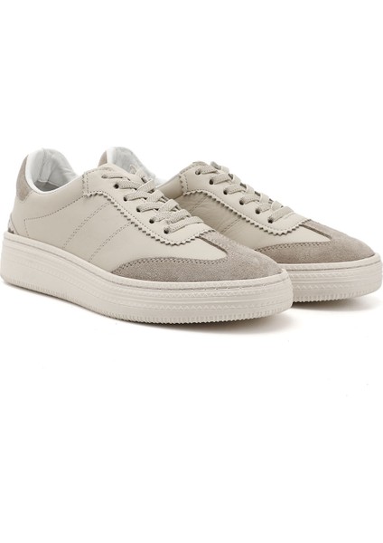 Kadın Bej Lastik Bağcıklı Hakiki Deri Sneaker