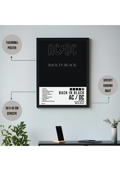 Ac / Dc - Back In Black Albüm Spotify Çerçeveli Poster Tablo