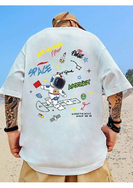 Unisex Uzay Gezegen Baskılı Oversize T-Shirt