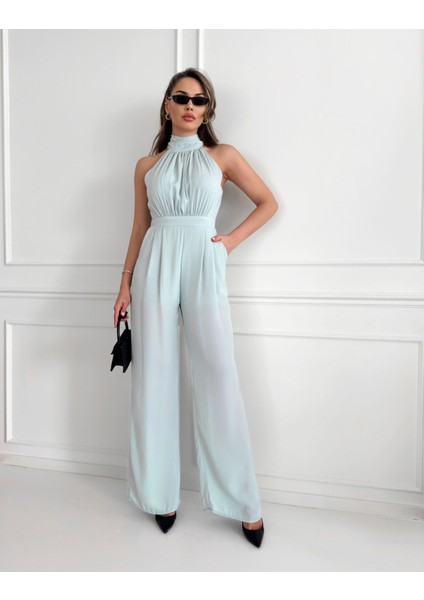 Mint Yeşili Halter Yaka Uzun Tulum
