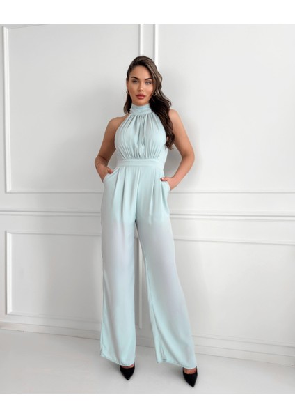 Mint Yeşili Halter Yaka Uzun Tulum