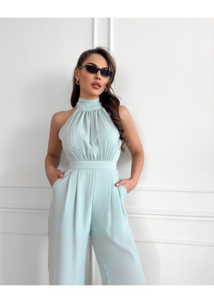 Mint Yeşili Halter Yaka Uzun Tulum