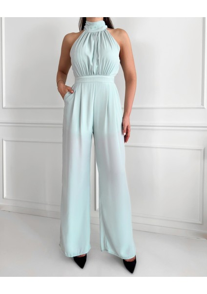 Mint Yeşili Halter Yaka Uzun Tulum