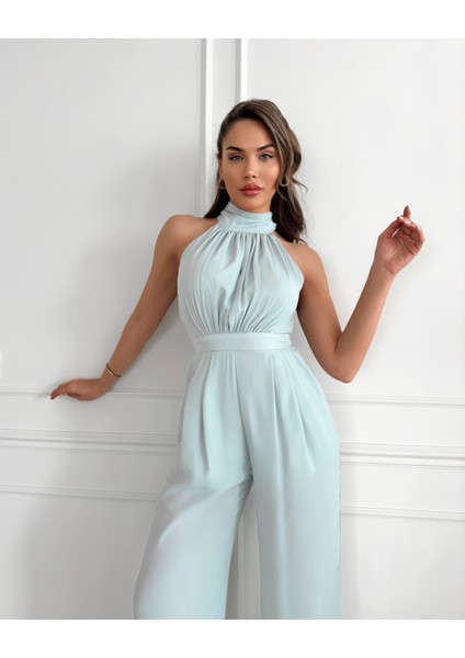 Mint Yeşili Halter Yaka Uzun Tulum