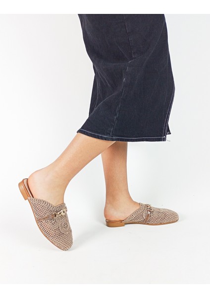 Vizon Renk Triko Örgü Taş Detaylı Dantelli Kadın Terlik