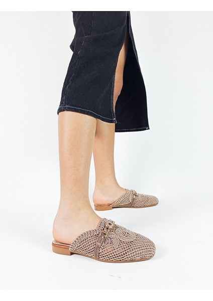 Vizon Renk Triko Örgü Taş Detaylı Dantelli Kadın Terlik modelleri