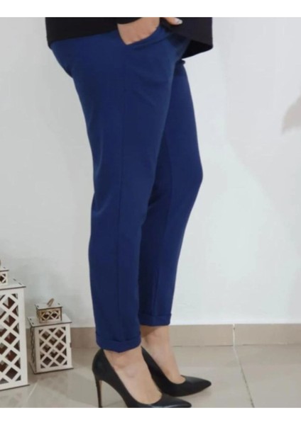 Kadın Esnek Krep Kumaş Duble Paça Beli Lastikli Parlement Mavisi Pantolon