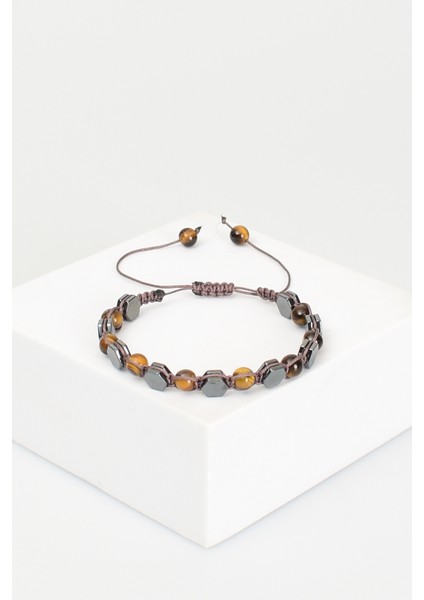 Kaplan Gözü - Hematit Doğal Taş Makrome Bileklik