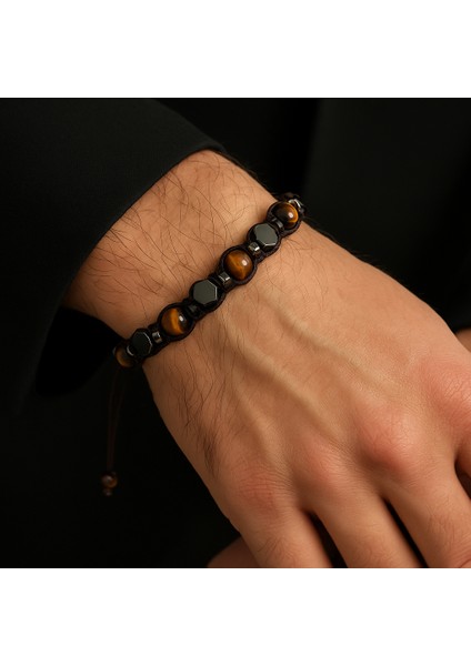 Kaplan Gözü - Hematit Doğal Taş Makrome Bileklik modelleri