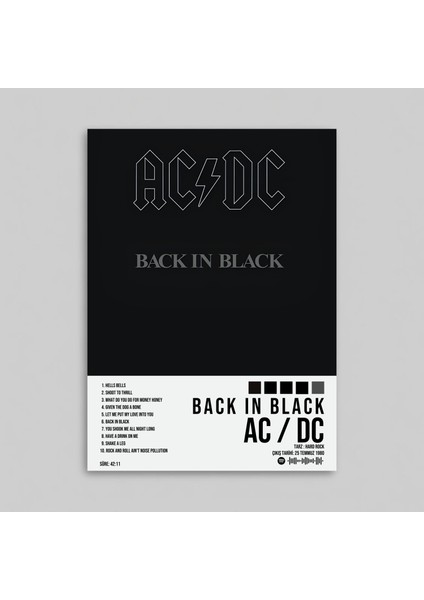 Ac / Dc - Back In Black Albüm Spotify Çerçevesiz Tasarım Poster