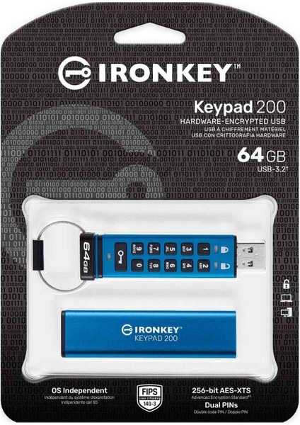 IKKP200/64GB 64 GB 145-115 Mb/s Ironkey Keypad 200 140-3 Lvl 3 USB 3.0 Flash Bellek