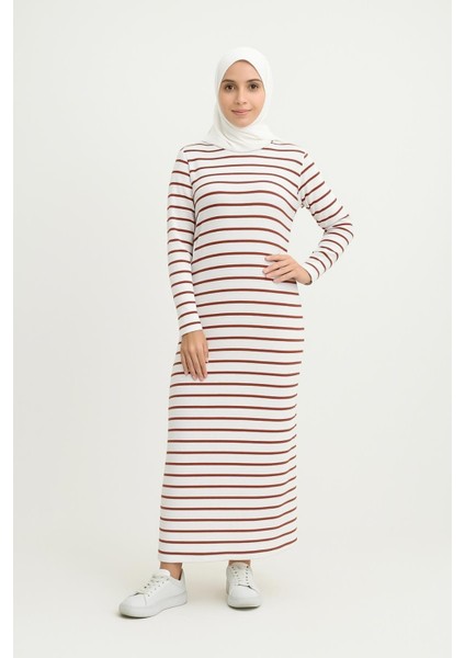 Uzun Kollu Maksi Boy Çizgili Elbise Boydan Tam Boy Iki Iplik Pamuklu Günlük Rahat Elbise Modern