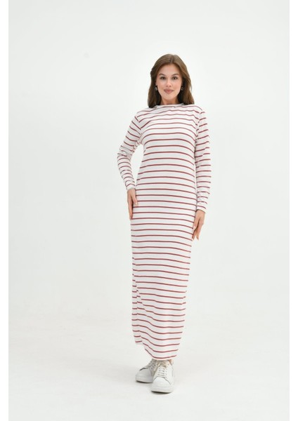 Uzun Kollu Maksi Boy Çizgili Elbise Boydan Tam Boy Iki Iplik Pamuklu Günlük Rahat Elbise Modern indirimleri