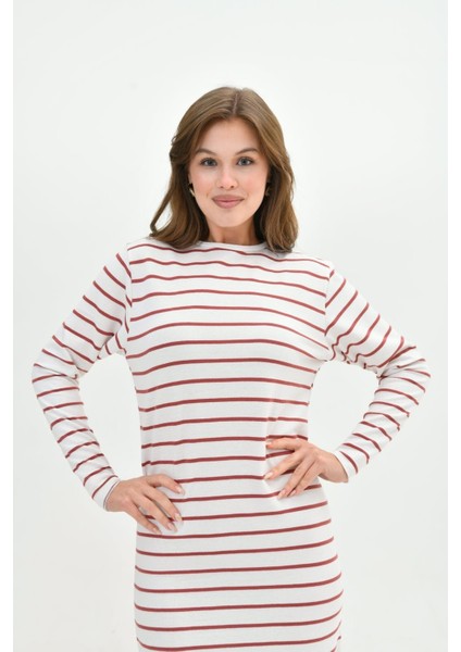 Uzun Kollu Maksi Boy Çizgili Elbise Boydan Tam Boy Iki Iplik Pamuklu Günlük Rahat Elbise Modern