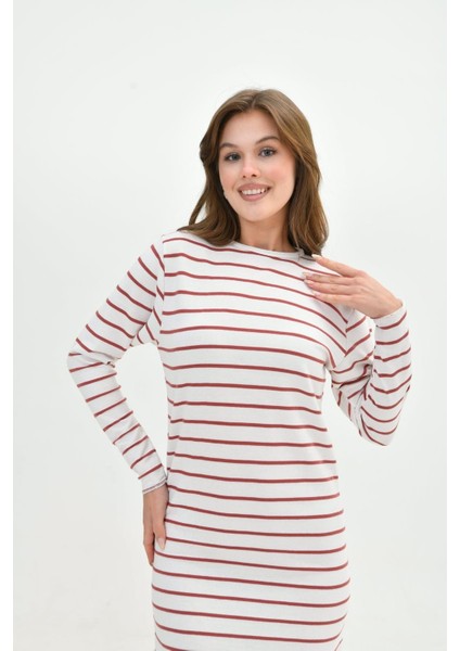 Uzun Kollu Maksi Boy Çizgili Elbise Boydan Tam Boy Iki Iplik Pamuklu Günlük Rahat Elbise Modern