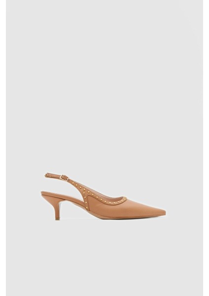 Bej Cilt Zınbalı Sivri Burun Kadın Topuklu Ayakkabı modelleri