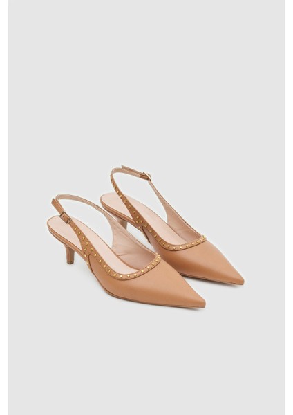 Bej Cilt Zınbalı Sivri Burun Kadın Topuklu Ayakkabı indirimleri