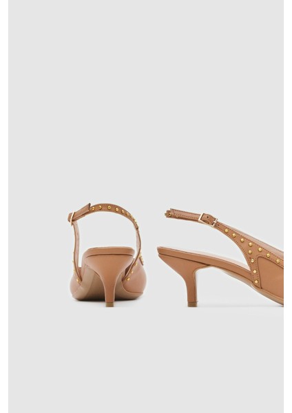 Bej Cilt Zınbalı Sivri Burun Kadın Topuklu Ayakkabı