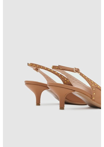 Bej Cilt Zınbalı Sivri Burun Kadın Topuklu Ayakkabı