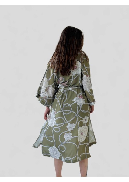 Tasarım Desenli Uzun Kimono Kadın Haki
