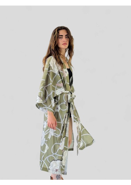 Tasarım Desenli Uzun Kimono Kadın Haki