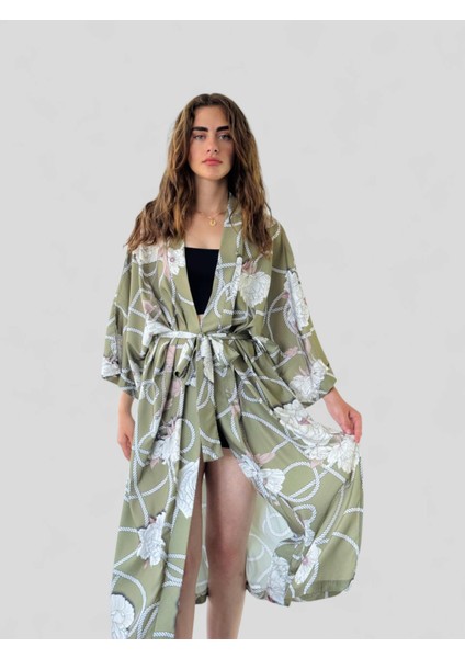 Tasarım Desenli Uzun Kimono Kadın Haki