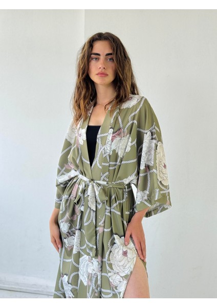 Tasarım Desenli Uzun Kimono Kadın Haki