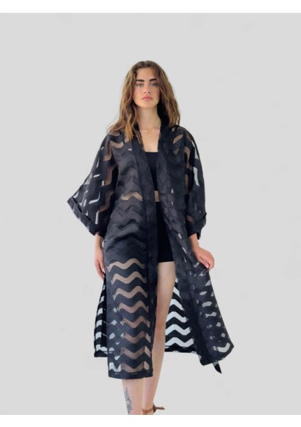 Tasarım Şeritli Uzun Kimono Kadın Siyah Şeffaf