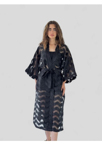 Tasarım Şeritli Uzun Kimono Kadın Siyah Şeffaf