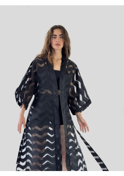 Tasarım Şeritli Uzun Kimono Kadın Siyah Şeffaf